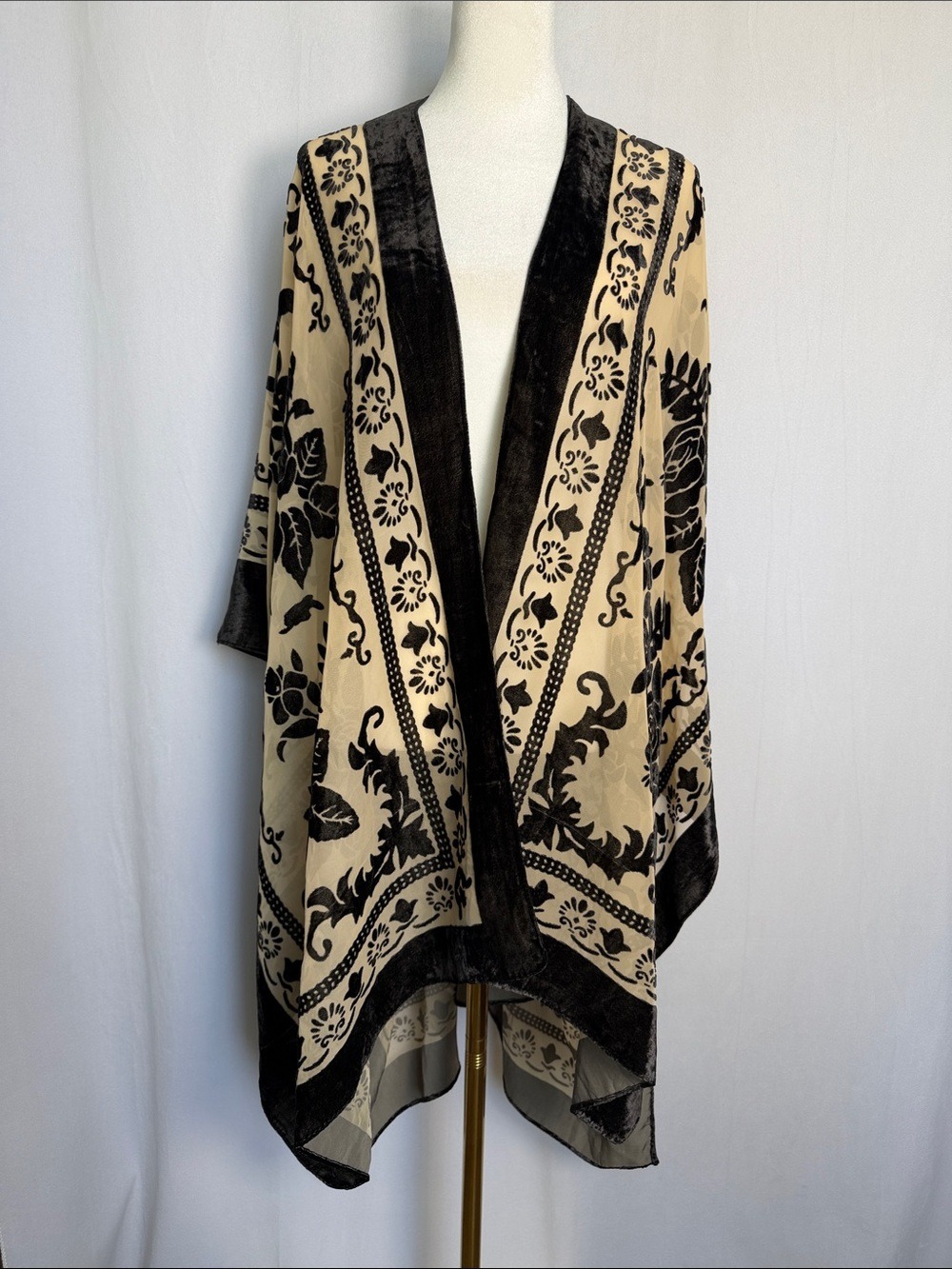 Natural Life Boho Western Velvet Black Cream Kimono Open Front Duster OS Flowy
